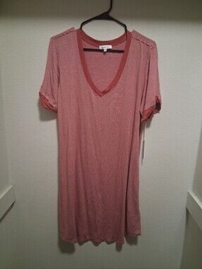Another Love Striped V-Neck Tee Dress in Dusty Rose and White